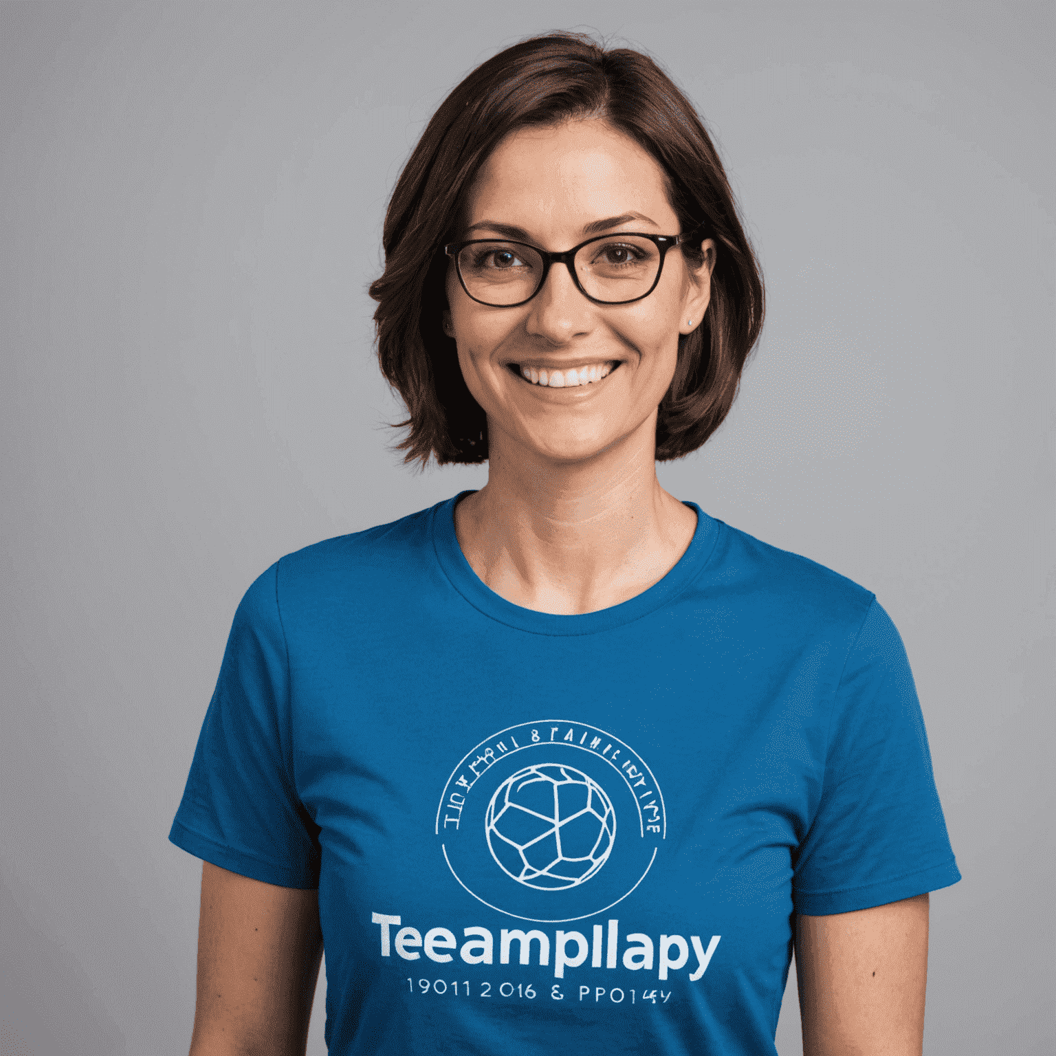 A friendly-looking woman in her 30s with short dark hair and glasses, smiling at the camera. She's wearing a blue TeamPlay t-shirt.