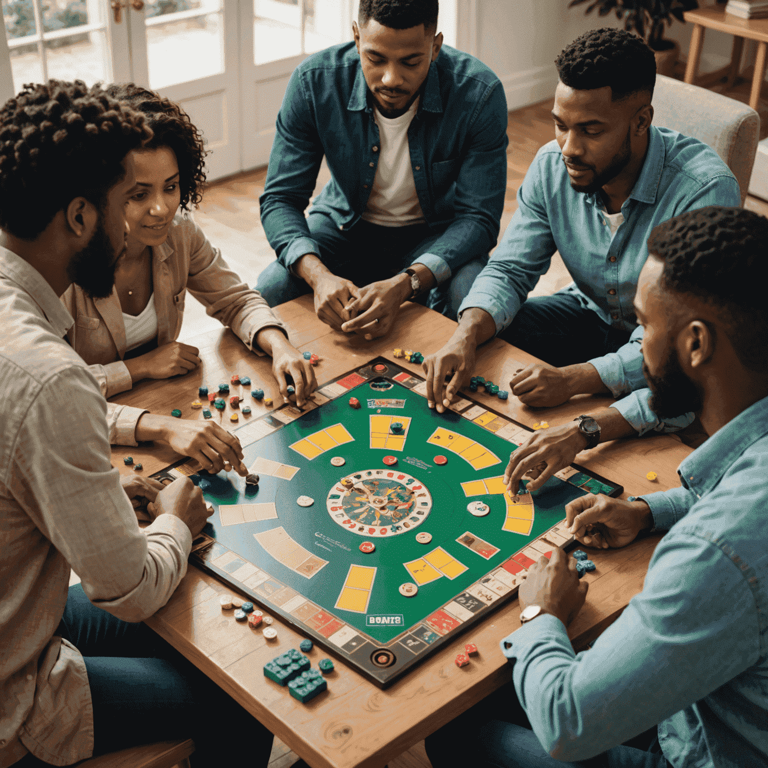A group of diverse people sitting around a table, playing a cooperative board game. The image shows players discussing strategy and working together to solve game challenges.