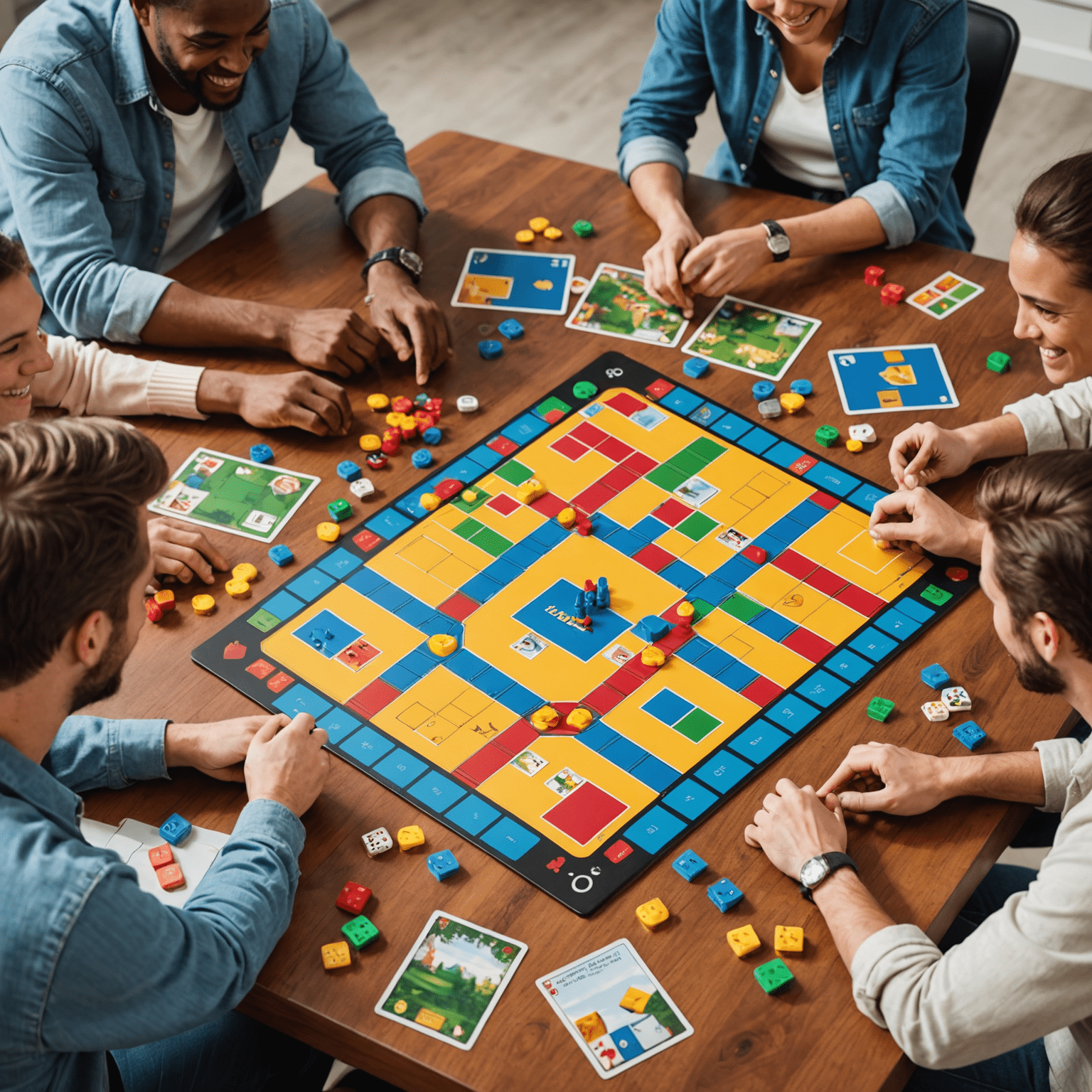 A group of diverse people playing a cooperative board game, with colorful game pieces and cards spread out on a table. The players are smiling and engaged, demonstrating teamwork and collaboration.