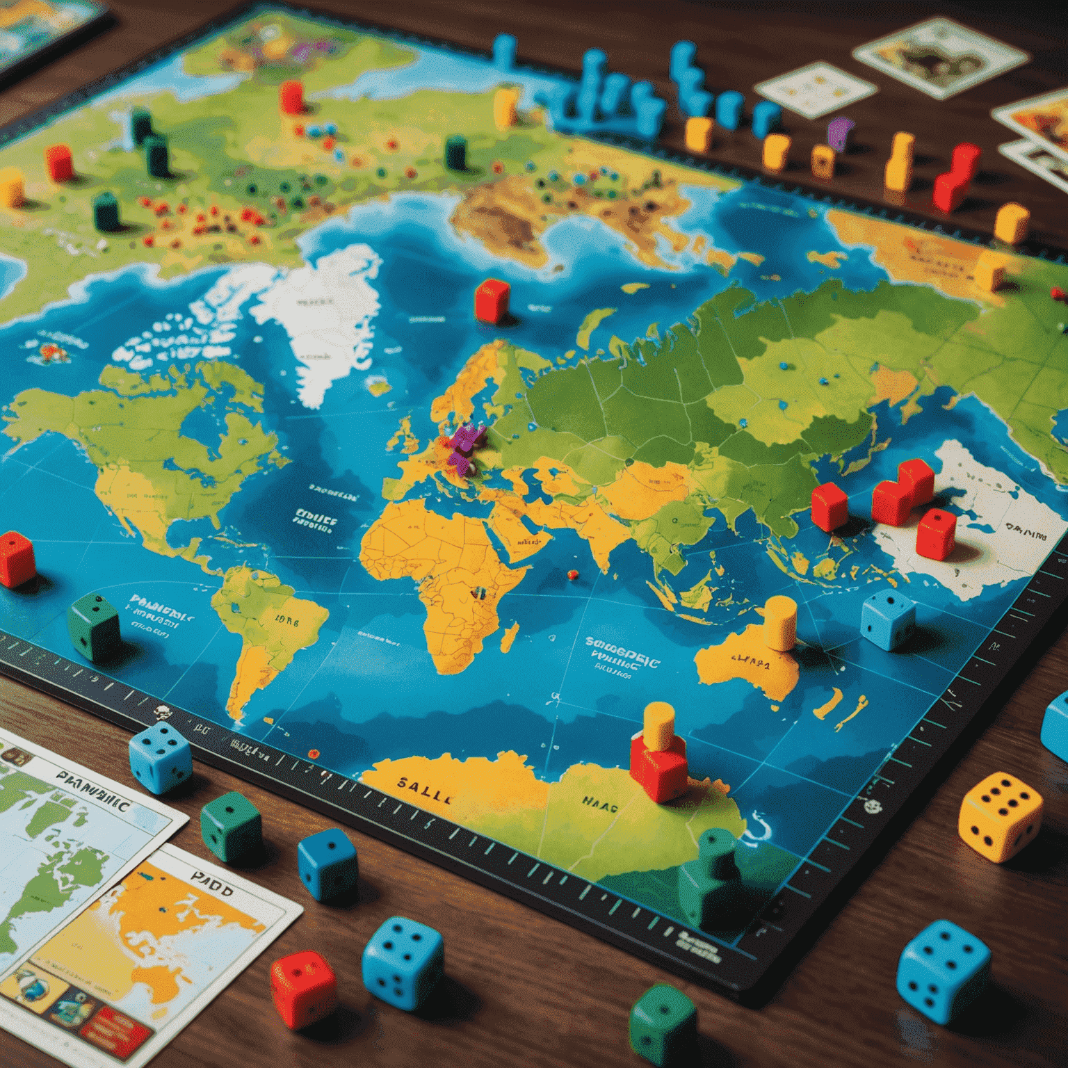 Pandemic board game setup with colorful disease cubes, player pawns, and a world map board