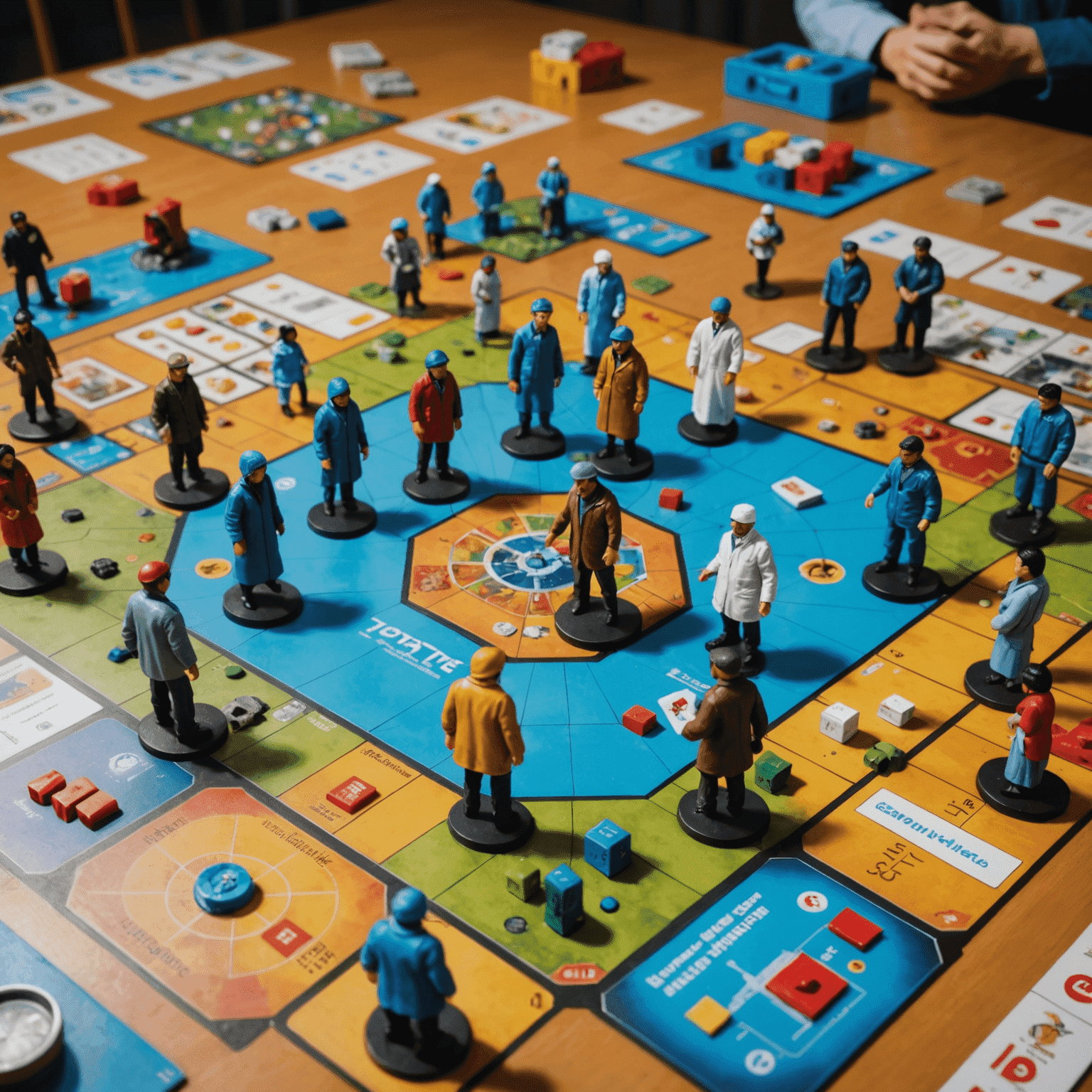 A group of diverse players gathered around a Pandemic game board set in Kyrgyzstan, with miniature figures representing health workers and disease cubes scattered across Central Asia