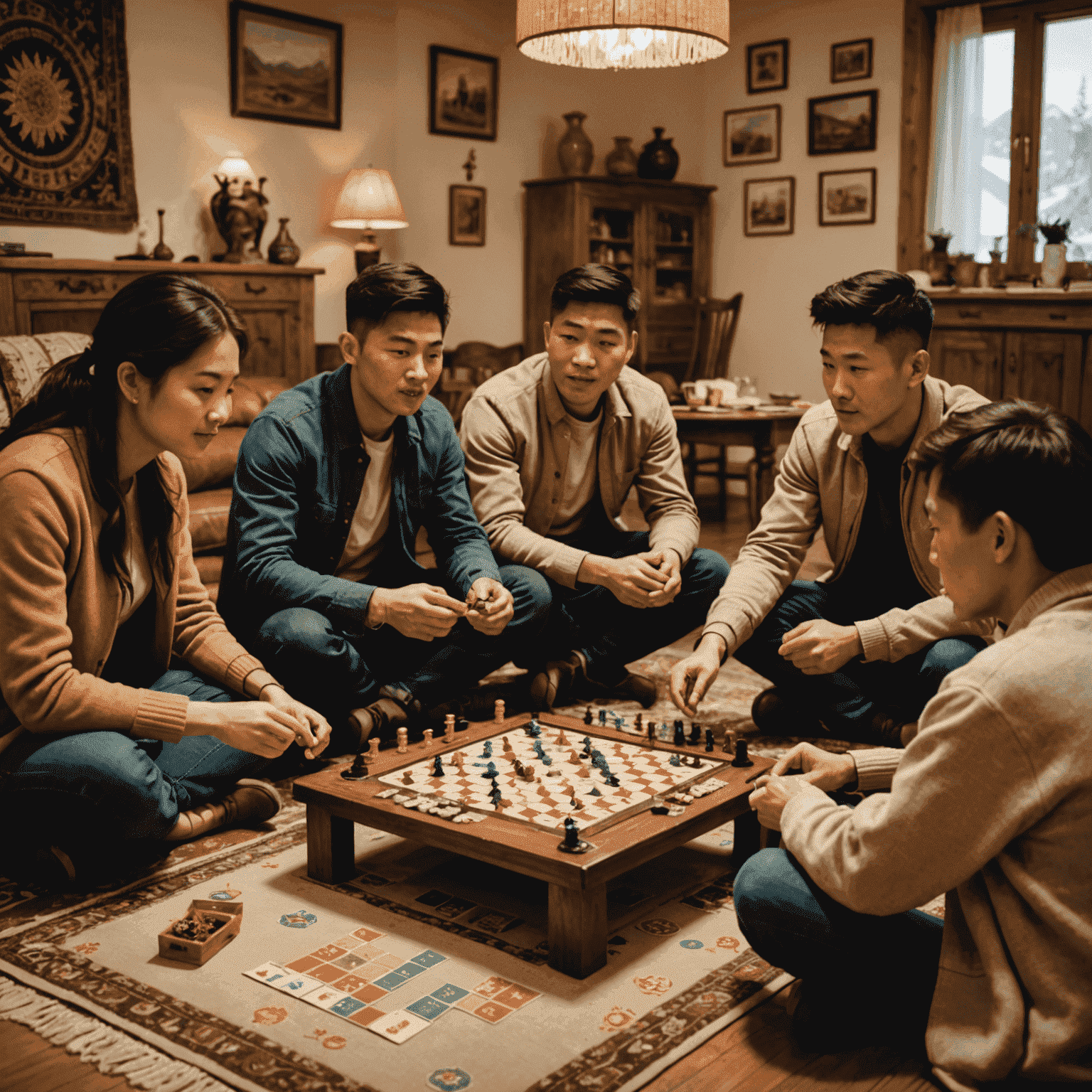 A group of diverse friends gathered around a table, playing a cooperative board game in a cozy Osh living room. Traditional Kyrgyz decorations visible in the background.