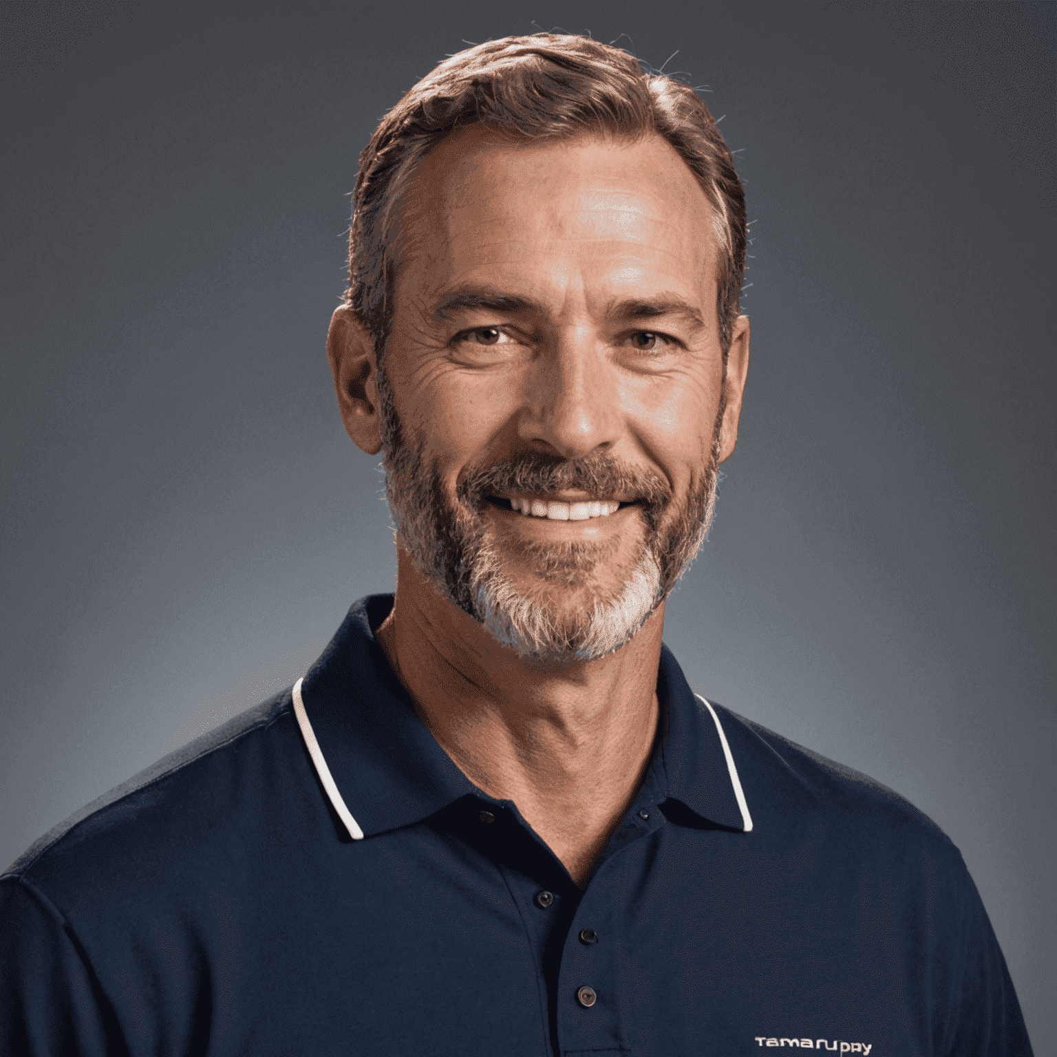 A middle-aged man with a warm smile and salt-and-pepper beard, wearing a navy blue TeamPlay polo shirt.