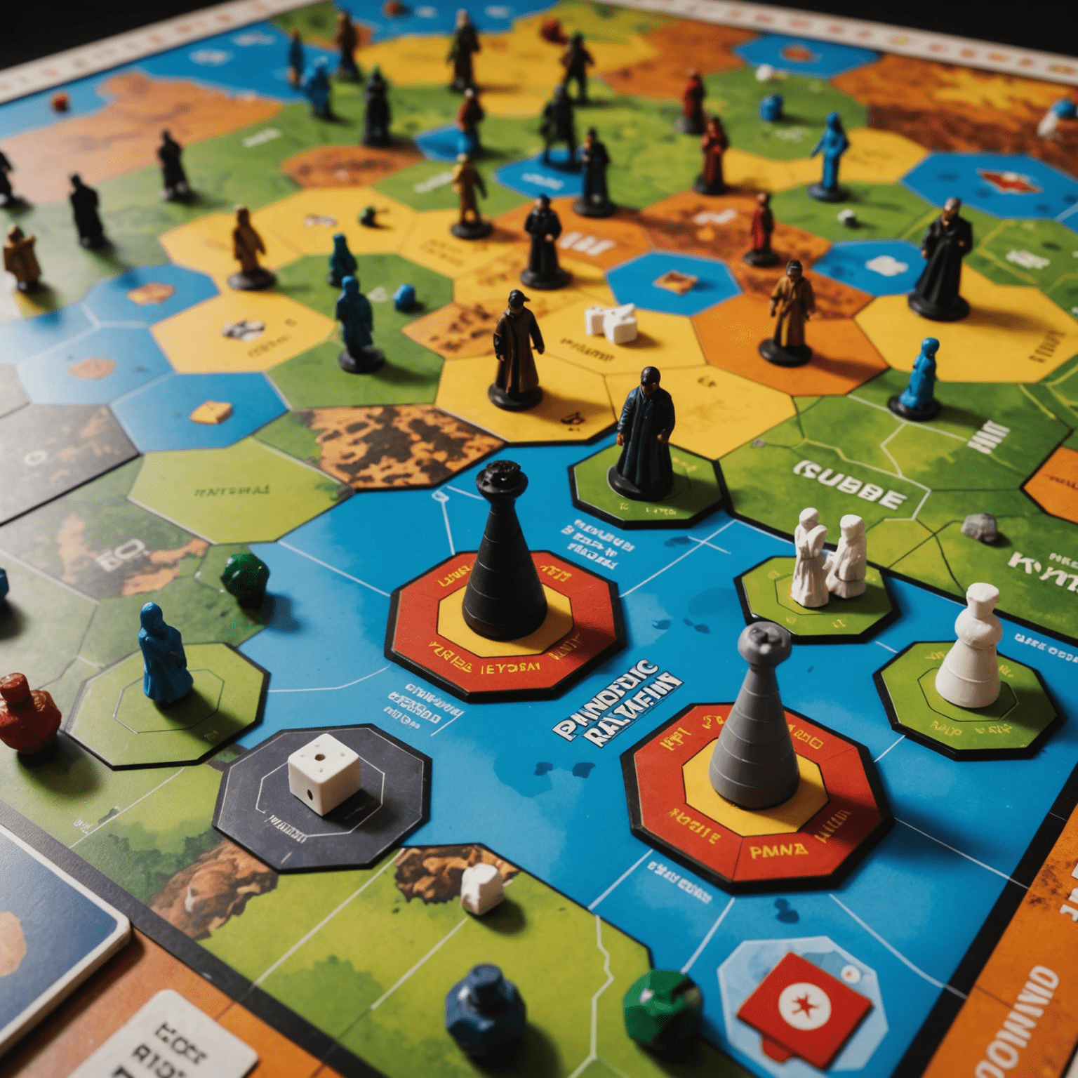 A close-up of the Pandemic board game set in Kyrgyzstan, showing the game board with cities, disease cubes, and player pawns. The image highlights the strategic elements of the game.