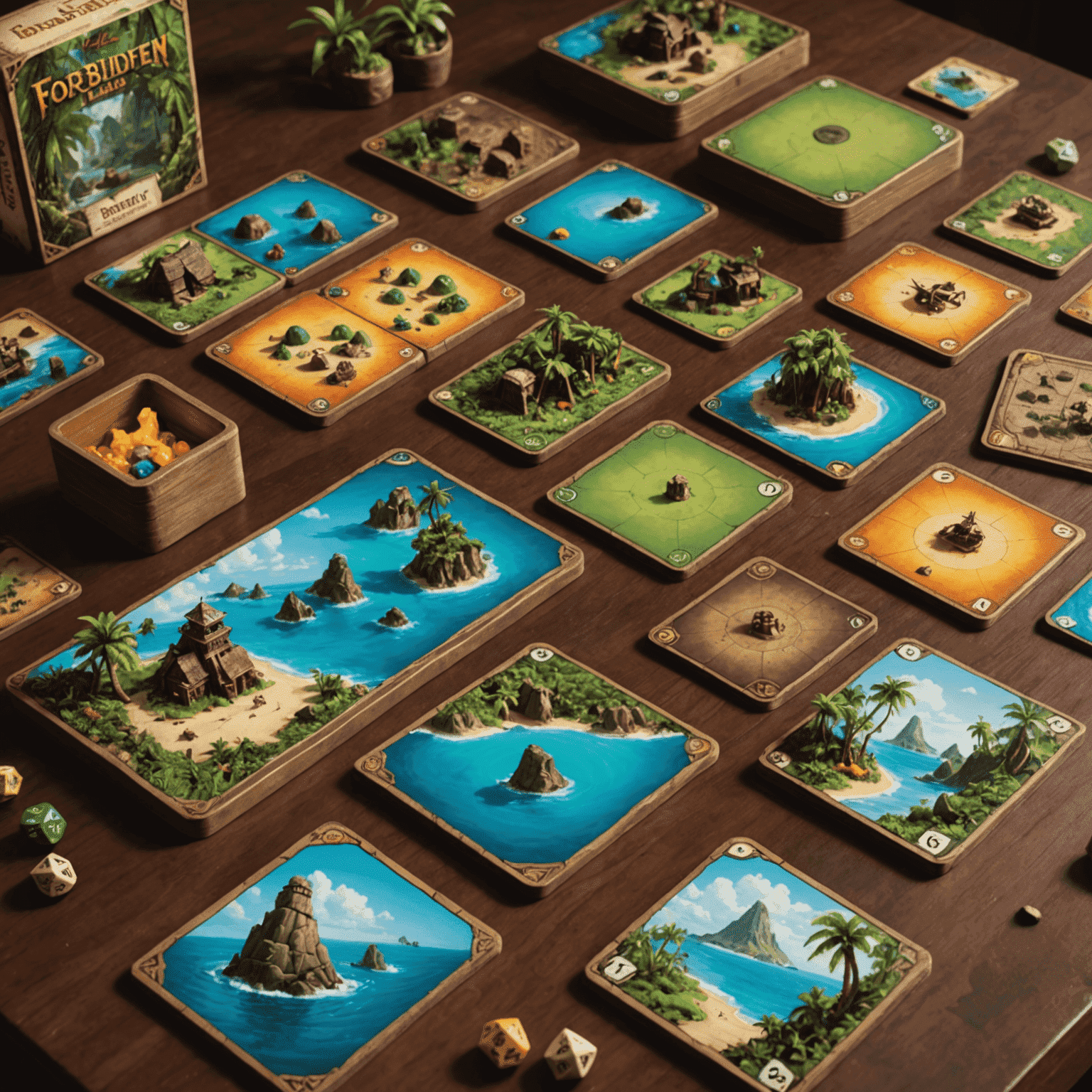 Forbidden Island game components including treasure cards, adventurer pawns, and modular island tiles
