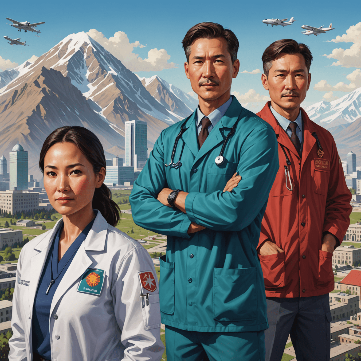 Illustration of Pandemic character cards showing different roles like Medic, Scientist, and Researcher, with Kyrgyzstan landmarks in the background