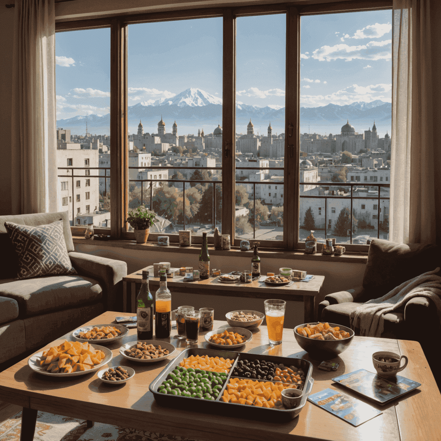 A cozy living room in Osh, Kyrgyzstan, set up for a cooperative board game night. The image shows a table with snacks, drinks, and various cooperative games, with the city skyline visible through a window.