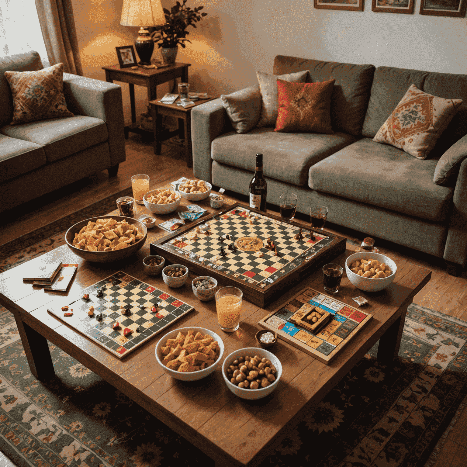 A cozy living room in Osh, Kyrgyzstan, set up for a cooperative board game night. The image shows a table with snacks, drinks, and various board games, creating an inviting atmosphere for players.