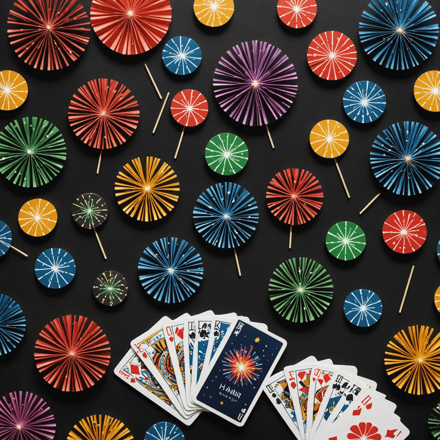 Hanabi card game display with colorful firework cards and token chips