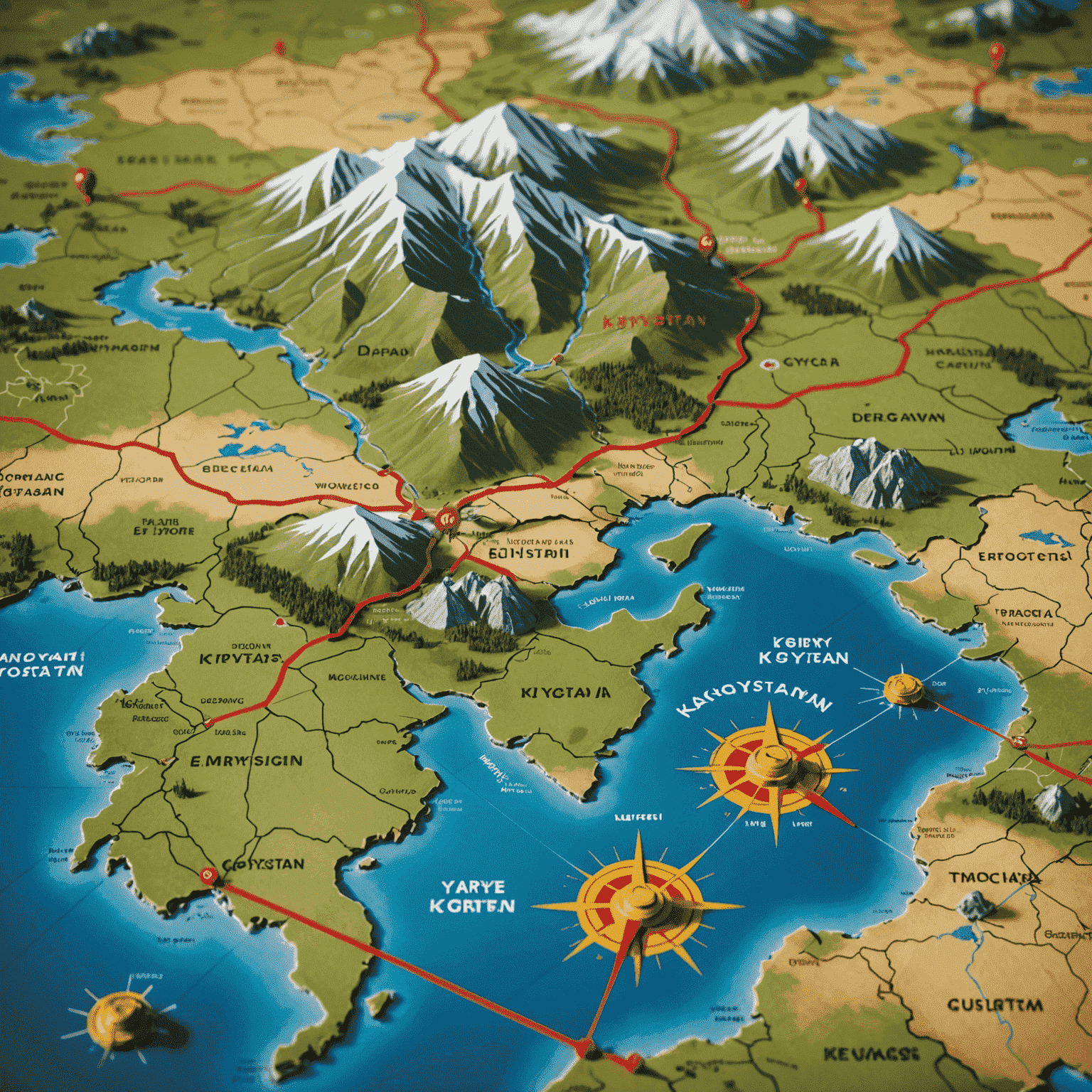 A map of Kyrgyzstan and surrounding countries on the Pandemic game board, showing connection lines between cities and mountain ranges
