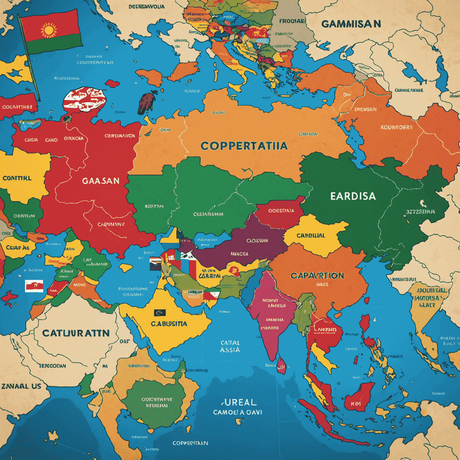 A map of Central Asia with highlighted areas showing the spread of cooperative gaming. The image includes icons of popular cooperative games and flags of Central Asian countries, including Kyrgyzstan.