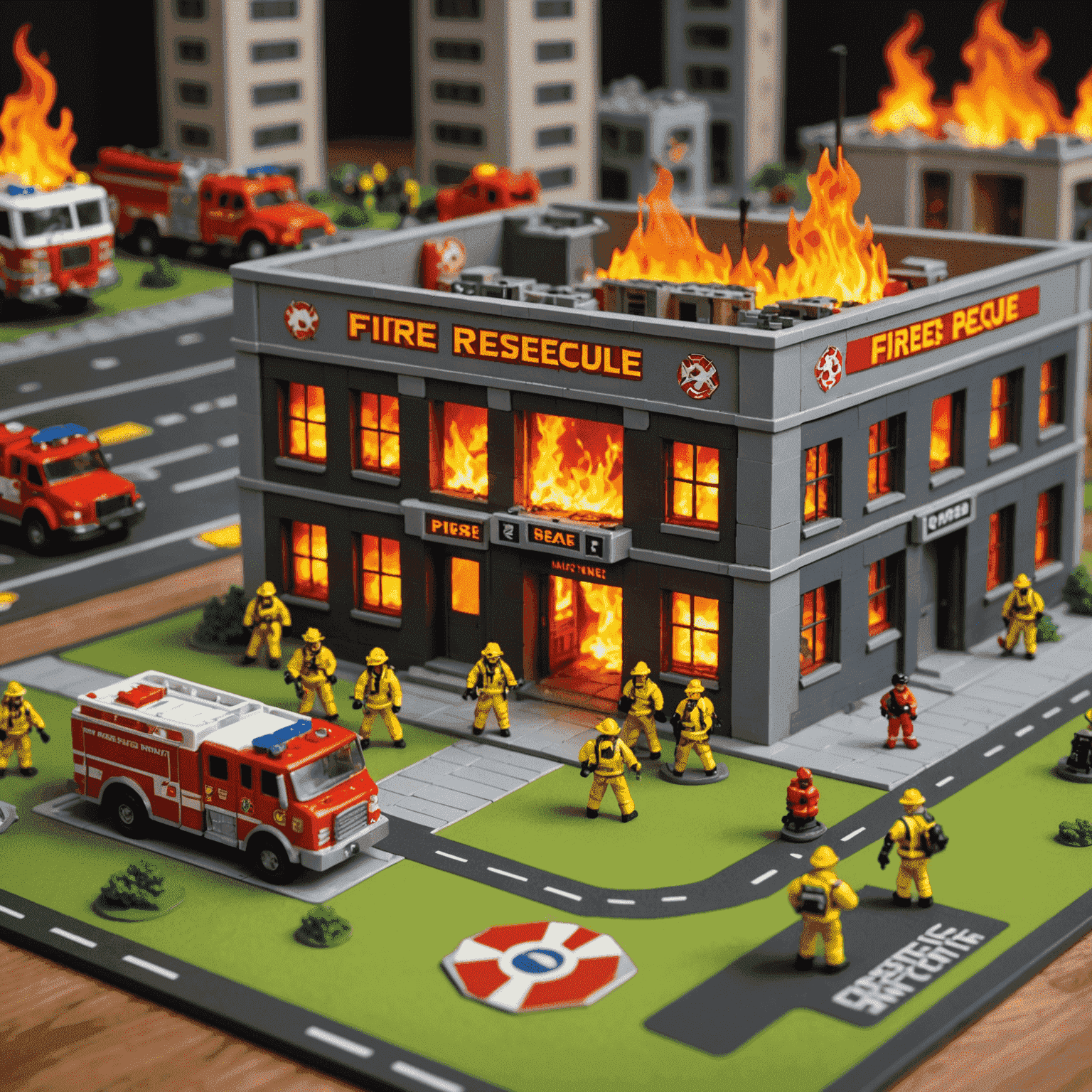 Flash Point: Fire Rescue game board showing a burning building layout with firefighter figures and fire tokens