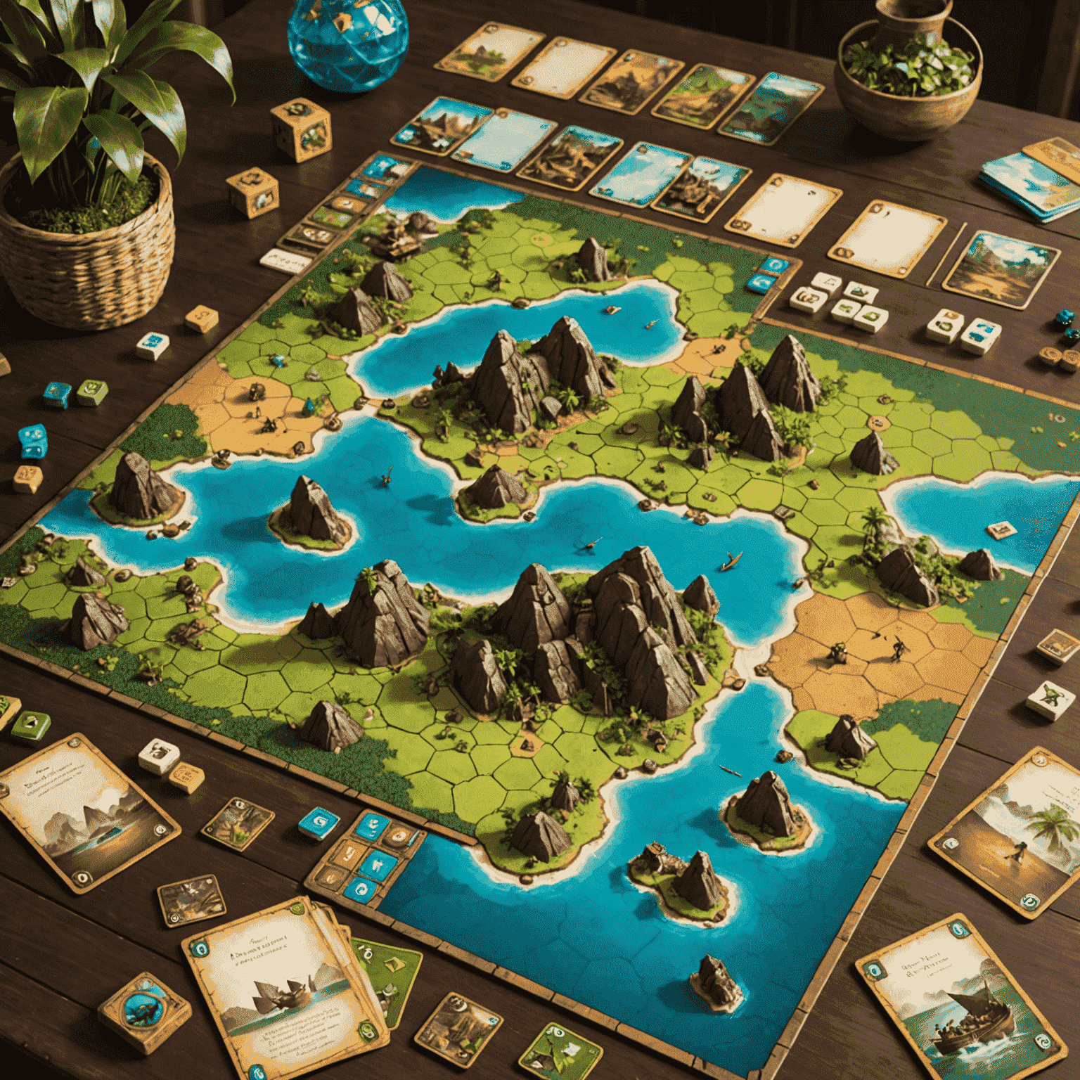 A detailed shot of the Forbidden Island game components, including the island tiles, adventurer pawns, and treasure cards. The image showcases the game's artwork and components that make it a popular cooperative game.