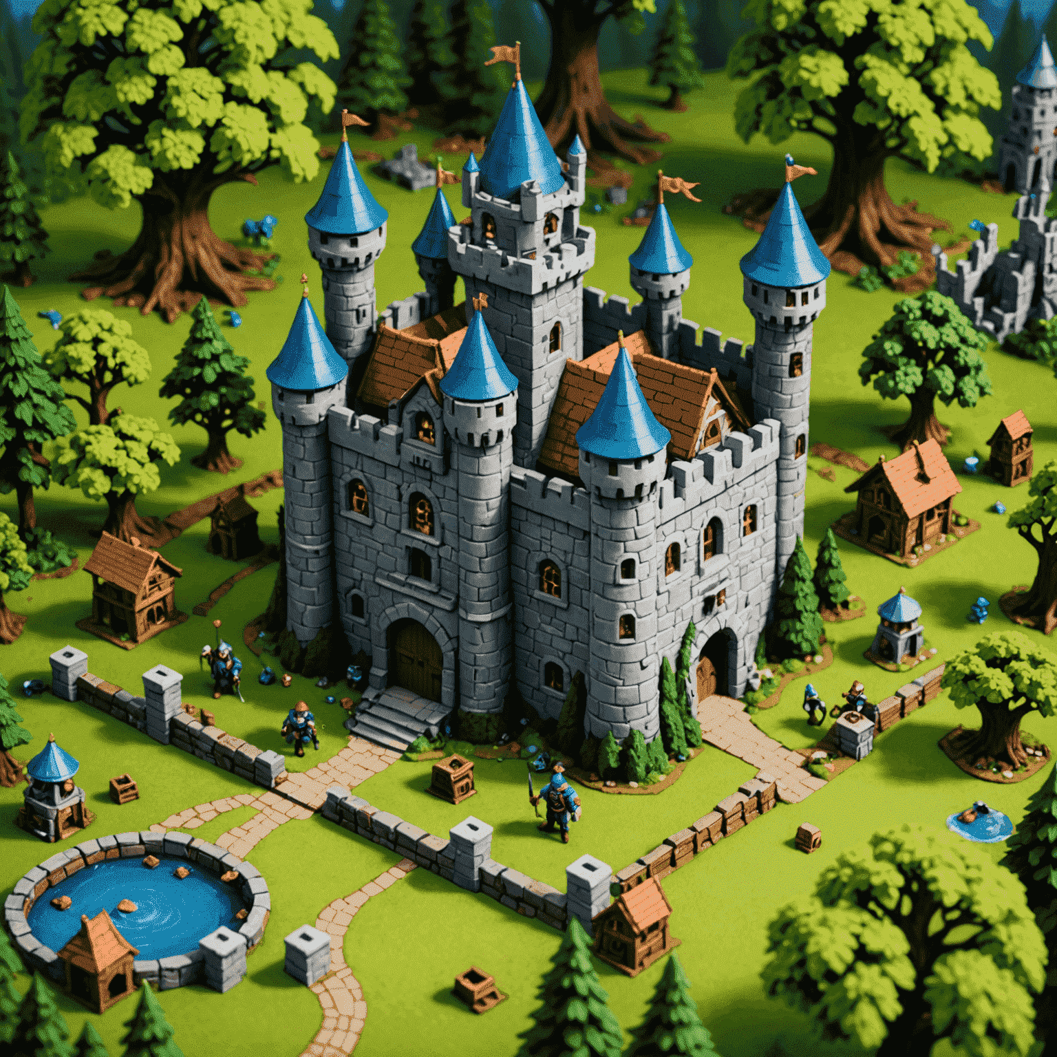 Castle Panic game setup with a central castle, surrounding forest, and monster tokens approaching